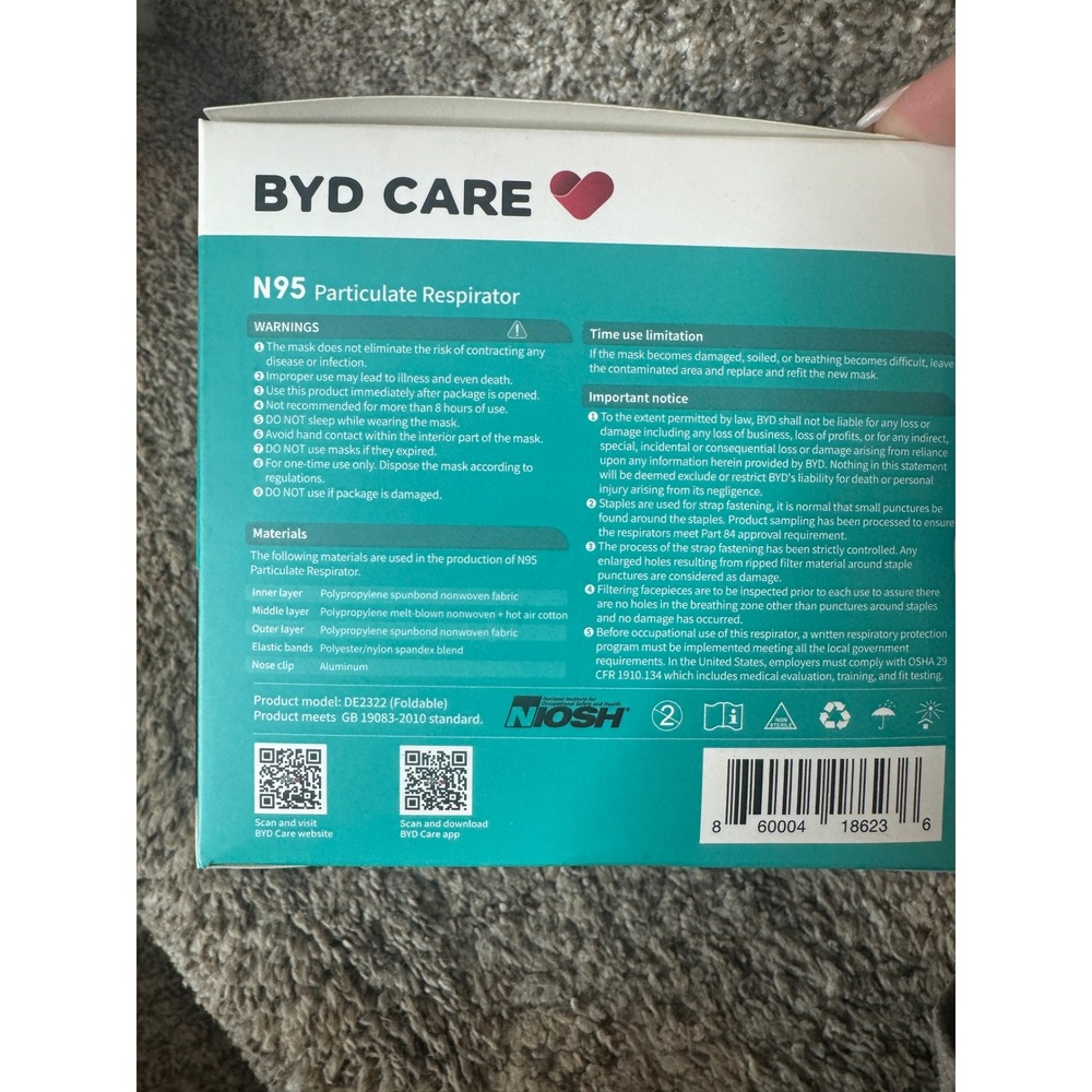 BYD DE2322 N95 Respirator Face Mask 200‎ New Masks (10 boxes of 20) Factory Seal - Picture 4 of 5